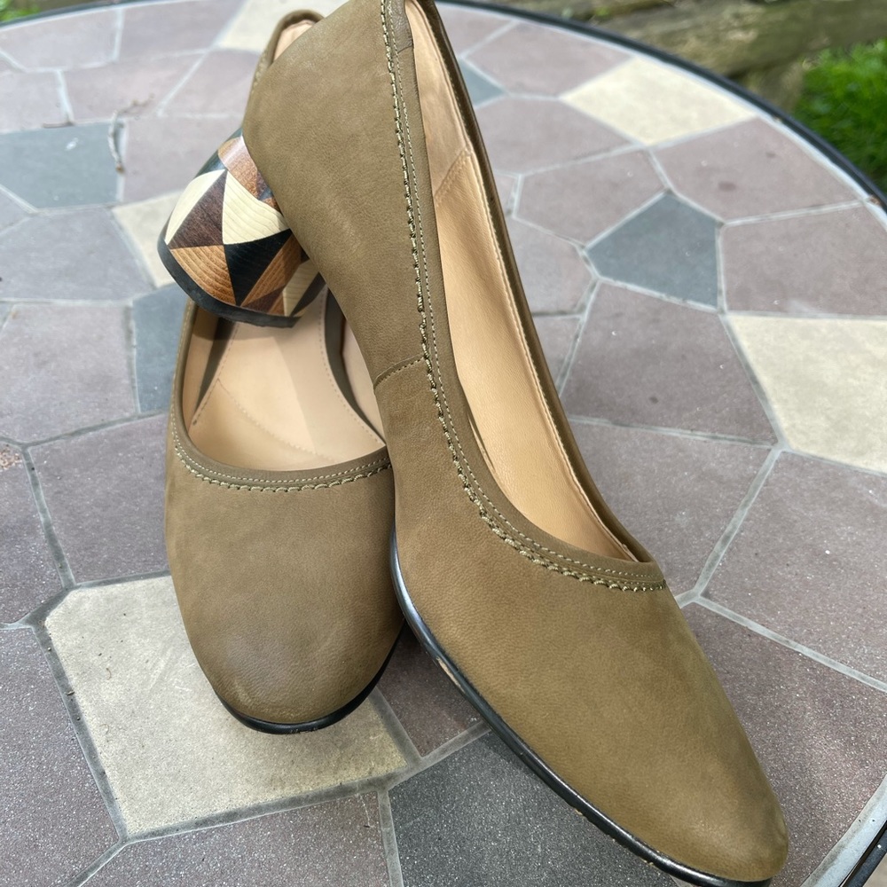 Clarks Grace Olivia, block heels, olive nubuck